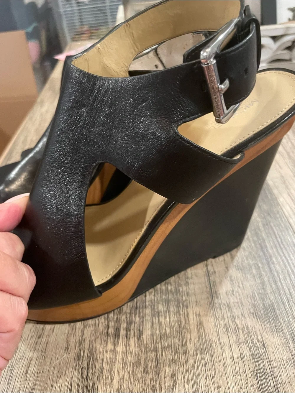 Michael Kors Black Leather Wedge Sandals with Buckle